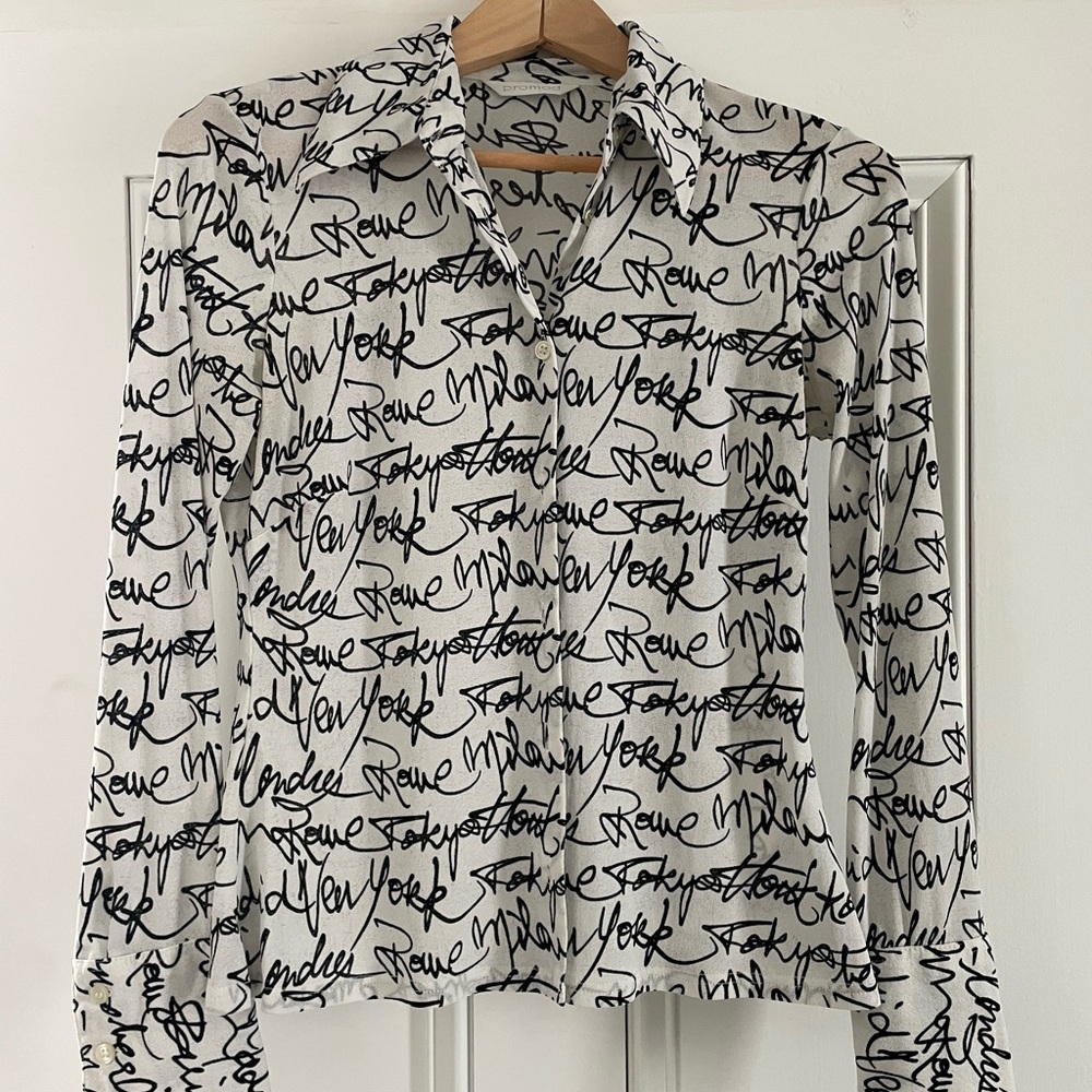 Promod Black and White Script Print Blouse, Various Cities.
